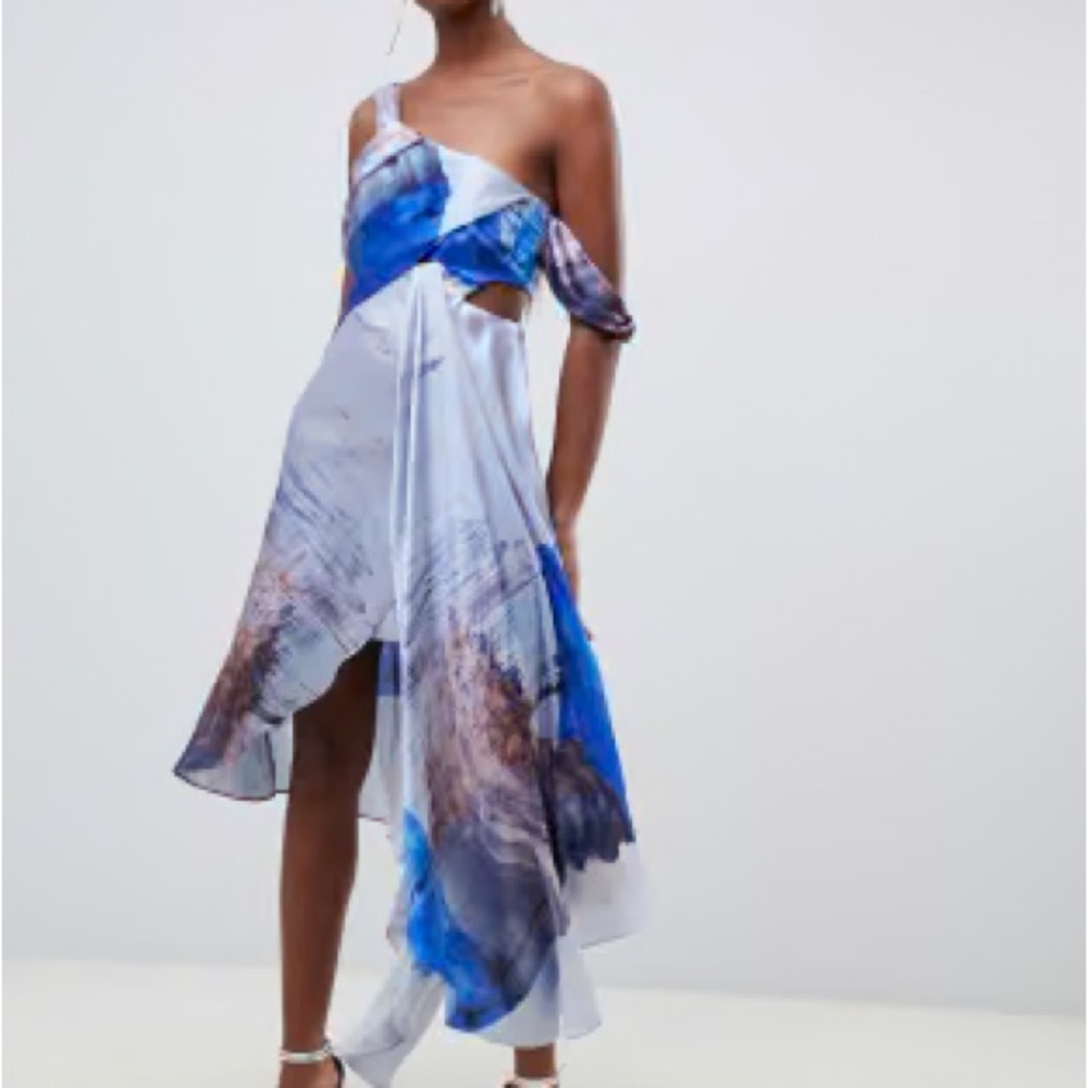 ASOS Abstract Print Drape Front Midi Flowing Blue Silver Wedding Guest